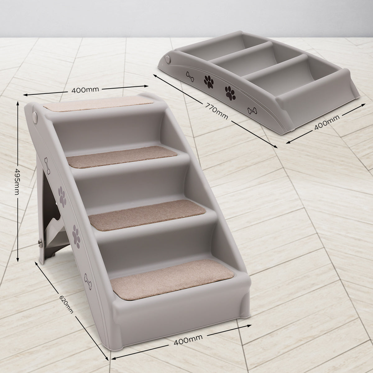 Furtastic Foldable Pet Stairs in Grey - 50cm with Non-Slip Mat for Indoor and Outdoor Use